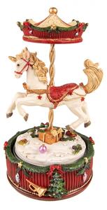 Červeno-bílý hrací vánoční kolotoč s koníkem – 11x20 cm