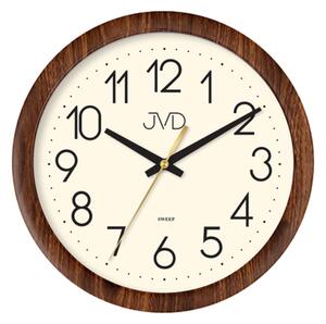 JVD Nástěnné bílé čitelné netikající tiché hodiny JVD H608.3 v imitaci dřeva