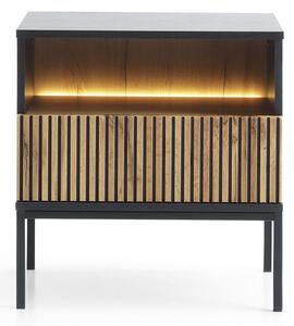 Noční stolek se zásuvkou i oswietleniem LED Bogalo na kovové podstavě - Černý / Dub wotan