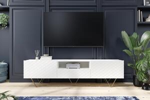TV stolek Scalia 190 cm s výklenkem - bílý mat / zlaté nožky