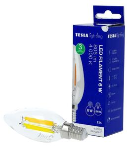 TESLA lighting Tesla - LED žárovka FILAMENT RETRO svíčka E14, 6W, 230V, 806lm, 25 000h, 4000K denní, 360st,čirá