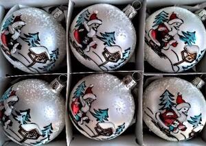 Slezská tvorba Sada skleněných vánočních ozdob koule hladká stříbřená matná malovaný dekor