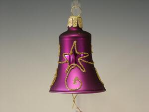 Slezská tvorba Sada skleněných ozdob zvonek fialový matný se zlatým dekorem