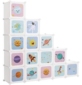 Dětská modulární skříň s dvířky, 15 přihrádek, bílá s dětským motivem