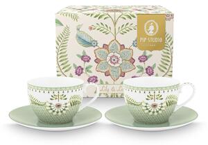 Pip Studio Lily & Lotus sada 2ks cappuccino šálků s podšálky 270ml, zelená