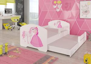 ADRK Rozkládací postel PEPE II PRINCESS AND HORSE, CH-Pep-II-Barr-Princ-Hor-E966, 160x80 cm se zábradlím a matrací, bílá/grafika