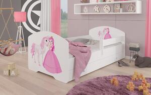 ADRK Postel PEPE PRINCESS AND HORSE, CH-Pep-Bar-Pri-Hor-160-E296, 160x80 cm se zásuvkou, zábradlím a matrací, bílá/grafika