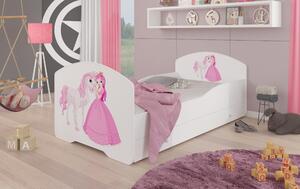 ADRK Postel PEPE PRINCESS AND HORSE, CH-Pep-Pri-Hor-160-E361, 160x80 cm se zásuvkou a matrací, bílá/grafika