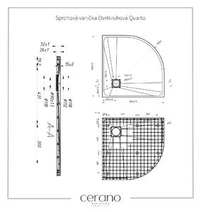 Cerano Quarto, čtvrtkruhová sprchová vanička 90x90x3 cm z minerálního kompozitu, černá matná, CER-CER-414758