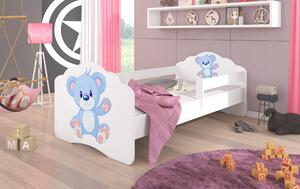 ADRK Postel CASIMO BLUE BEAR, CH-Cas-Barr-Blue-Bea-E033, 140x70 cm se zábradlím a matrací, bílá/grafika