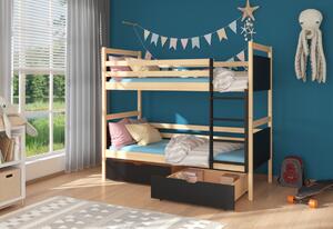 Dětská patrová postel FENDO + 2x matrace, 80x180, borovice/černá
