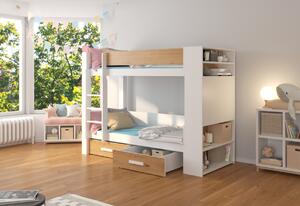 Dětská patrová postel GARET + 2x matrace, 90x200, bílá/dub artisan