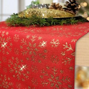Vánoční běhoun na stůl červený se zlatými sněhovými vločkami Merry Christmas Rudá 40x140 cm