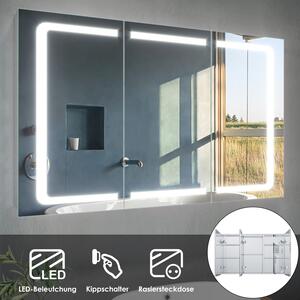 Zrcadlová skříňka SONNI s LED osvětlením, koupelnová skříňka z nerezové oceli se zásuvkou a kolébkovým vypínačem, 3dveřová, 105 x 65 cm