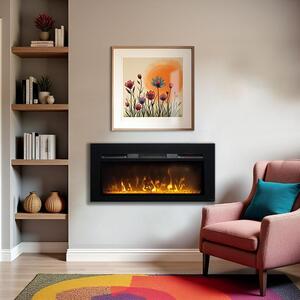 Elektrický nástěnný krb ElectricSun PAULA XS s černým sklem, montáž na zeď, na podlahu nebo vestavná, se zvukovým efektem, 10 barev, s aplikací, šířka 102 x výška 45 x hloubka 16 cm