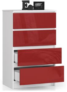 Moderní, vysoká komoda KRISS60, bílá / červený lesk