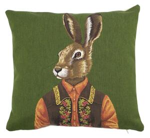 Zelený gobelínový polštář se zajícem ve vestě - 45*15*45cm - Mars & More