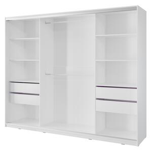 Šatní skříň NEJBY BARNABA 250 cm s posuvnými dveřmi, zrcadlem, 4 šuplíky a 2 šatními tyčemi, bílá