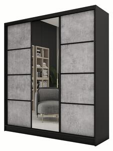 Šatní skříň HARAZIA 150 se zrcadlem, 4 šuplíky a 2 šatními tyčemi, černý mat/beton