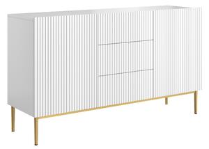 Komoda Nicole 150 cm s šuplíky a rýhovaným předním panelem - bílý mat / zlaté nohy