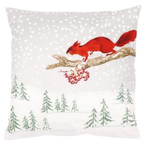 Polštář s výplní, samet. Vánoční motiv, zasněžená krajina s veverkou. 45x45 cm