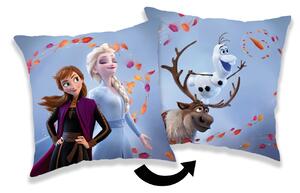 Licenční polštářek s motivem Frozen. Na jedné straně sestry Anna a Elsa a na druhé straně sněhulák Olaf a sob Sven. Rozměr polštářku je 35x35 cm