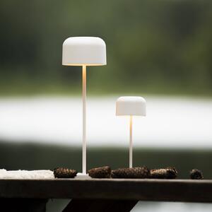 Konstsmide LED stolní lampa Lille na baterie, výška 20 cm, bílá, IP54, USB, stmívatelný, Bílá / opál, Obývací pokoj / jídelna, Hliník, Moderní