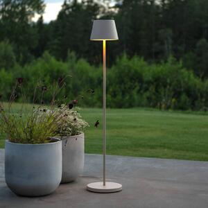 Konstsmide LED stojací lampa na baterie Pomezia, písková barva, 124 cm, IP54, USB, stmívatelný, Krémová / jantar, Obývací pokoj / jídelna, Hliník, Moderní
