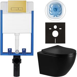 Kompletní WC set Profi/Cesso - černá lesklá - WC tlačítko Slim/Zlatá - pro zazdění - 49x36 cm