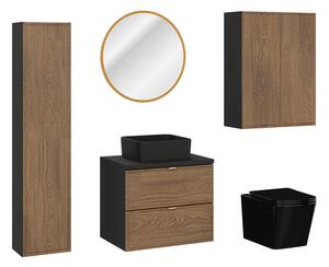 Comad Koupelnová sestava s deskou, skříňkami umyvadlem, zrcadlem a toaletou Talia Casella 60 cm černý mat/dub casella