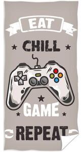 Velká plážová osuška Eat, Chill, Game & Repeat - 100% bavlna s vysokou gramáží 400 g/m² - extra velký rozměr 90 × 180 cm