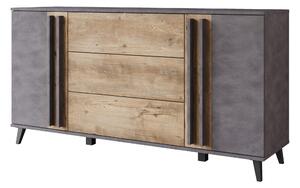 Komoda MINIO "HURON" o šířce 150 cm, se 2 dvířky, 3 zásuvkami a nožkami – barva: Matera / Breslau, odstín ořech