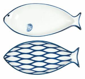 VILLA D’ESTE HOME Sada servírovacích talířů Open Fish 2 kusů, bílá/modrá, dekor ryba, 18 x 8 cm