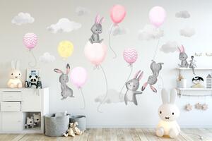 Samolepka na zeď Malí králíčci a balónky Růžová - XL