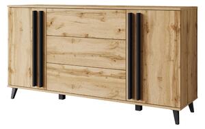 Komoda MINIO "HURON" 150 cm, s 2 dvířky, 3 zásuvkami a nožkami – barva: dub Wotan / černá