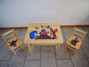 Dětský dřevěný stůl se židlemi s potiskem - Krteček a jeho kamarádi - 60X50 CM