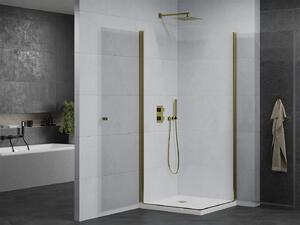 Mexen Pretoria Duo, sprchový kout s 2-křídlými dveřmi 80 (dveře) x 80 (dveře) cm, 6mm čiré sklo, zlatý profil + sprchová vanička, 852-080-080-50-02-4010G