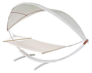Houpací síť HWC-J47 se stříškou pro 2 osoby, dřevo, 420cm - bílá, krémově-bílá