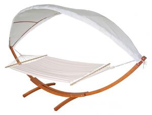 Houpací síť HWC-J47 se stříškou pro 2 osoby, dřevo, 420cm - hnědá, krémově-bílá