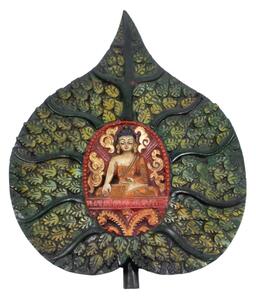 Buddha na listu bódhy, dřevěná dekorace, ruční řezba, 22x25cm