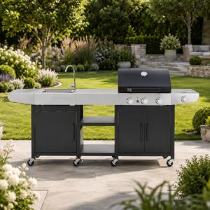 Zahradní BBQ kuchyně s umyvadlem BestBerg BBBQ-25SB / 4 hořáky / 11,5 kW / černá/stříbrná