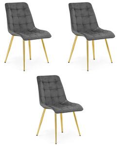 Set tří jídelních židlí SPLIT sametové tmavě šedé / zlaté nohy (3 ks)