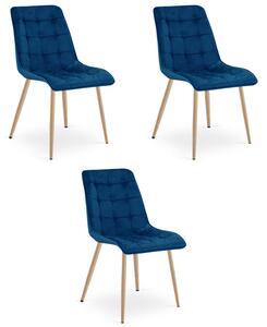 Set tří jídelních židlí SPLIT sametové tmavě modré / hnědé nohy (3 ks)