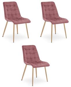 Set tří jídelních židlí SPLIT sametové tmavě růžové / hnědé nohy (3 ks)