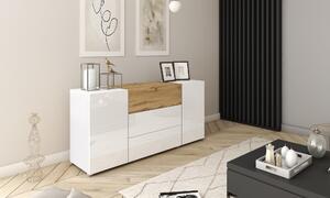 Komoda Berlin 150 cm bílý lesk/dub Wotan moderní 3 zásuvky + 2 skříňky