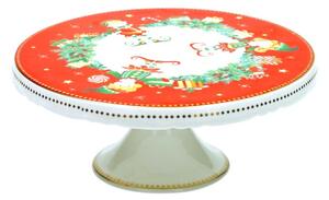 Porcelánový tác na noze na dort, bábovku, cukroví 20,5cm ELFOMAGIA BRANDANI (barva - porcelán, bílá/červená/zelená)