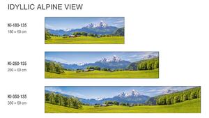 DIMEX | Fototapeta do kuchyně Alpský pohled KI-350-135 | 350 x 60 cm | zelená, modrá, bílá, hnědá