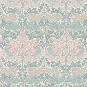 Vliesová tapeta na zeď, zelená, růžová, listy, stromy, ptáci, zajíčci, 140499, William Morris at Home vol. 2