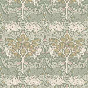 Vliesová tapeta na zeď, šedá, zelená, listy, stromy, ptáci, zajíčci, 140500, William Morris at Home vol. 2