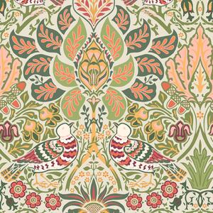 Vliesová tapeta na zeď, olivová, červená, květiny, ptáci, 140481, William Morris at Home vol. 2
